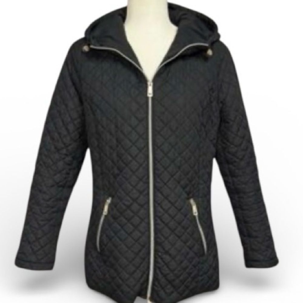 Kennet Cole New York Quilted Black Hooded lightweight Jacket size L in black